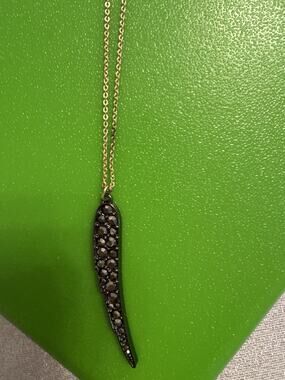 Victoria's Secret Long Wing Necklace Costume Jewelry Black Rhinestone Gold